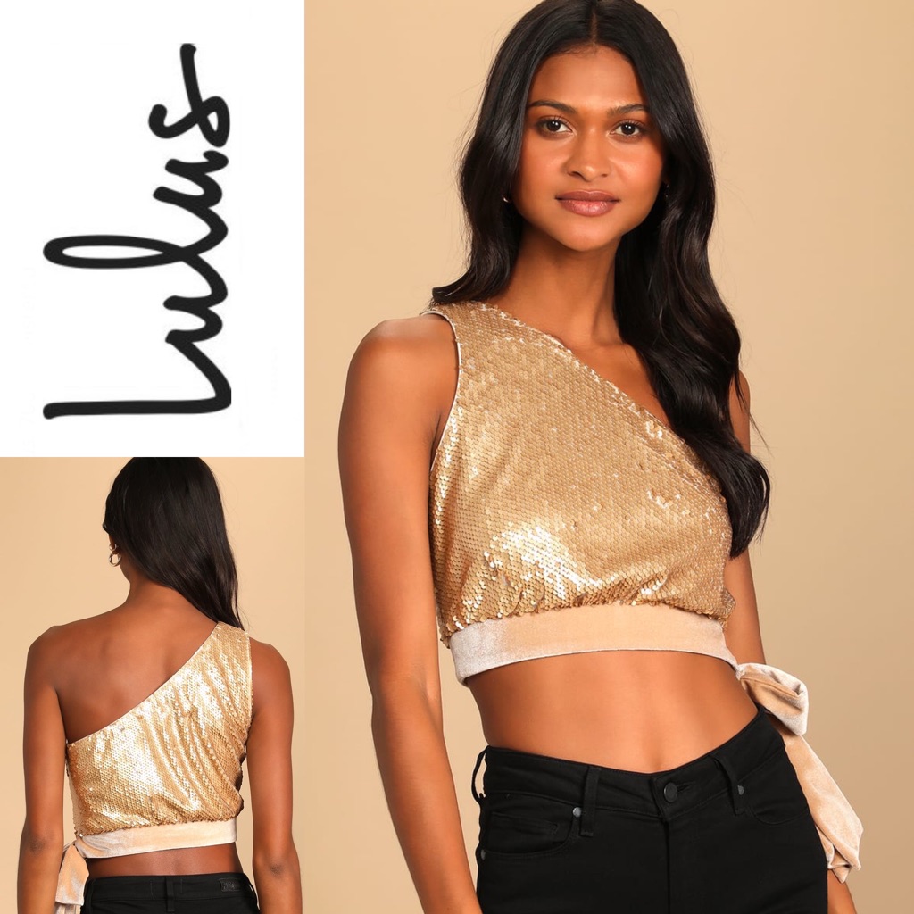 Nwt Lulus Spectacular Matte Gold Sequin One-Shoulder Side-Tie Crop Top